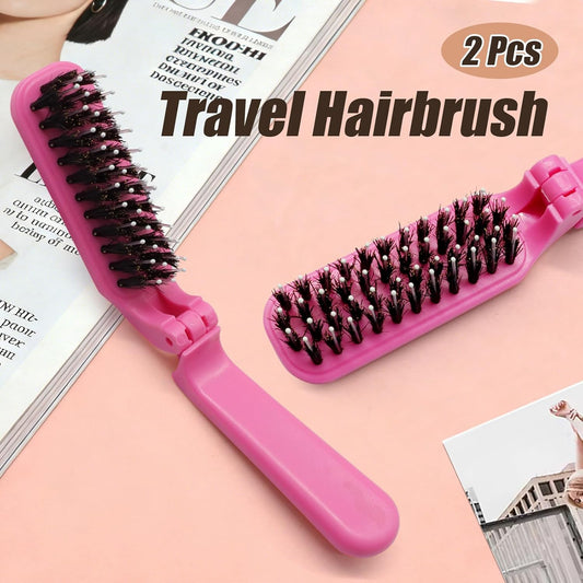 Biaungdo 2 Pack Foldable Hair Brush, Boar Bristle Hair Brush for Women & Men, Mini Travel Hairbrush Portable V1259-DP01-D-124