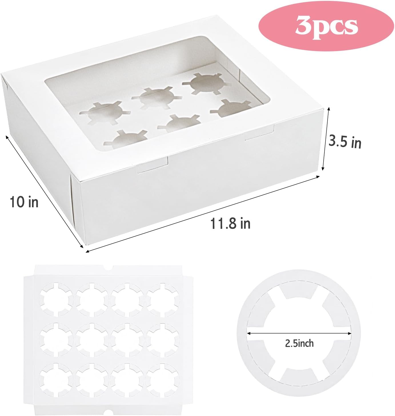 Moretoes 3PCS Cupcake Boxes with Window,Hold 12 Count Cupcake Containers for Cupcakes, Desserts, and More V1259-DP01-D-128