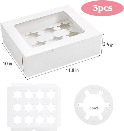 Moretoes 3PCS Cupcake Boxes with Window,Hold 12 Count Cupcake Containers for Cupcakes, Desserts, and More V1259-DP01-D-128