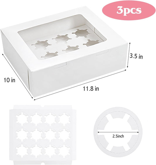 Moretoes 3PCS Cupcake Boxes with Window,Hold 12 Count Cupcake Containers for Cupcakes, Desserts, and More V1259-DP01-D-128