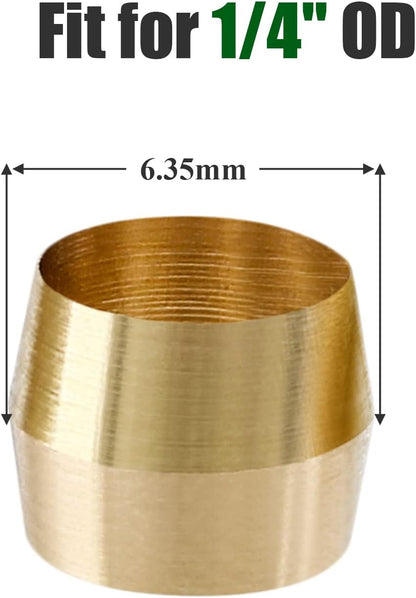 Biaungdo 50 Pcs Brass Compression Fitting, 1/4" Tube OD Compression Sleeves Ferrules Brass Compression Tube V1259-DP01-D-14
