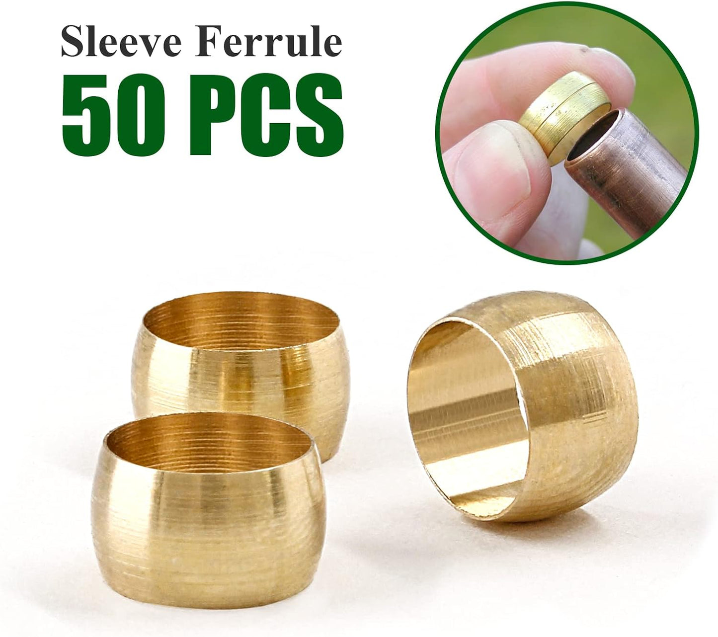 Biaungdo 50 Pcs Brass Compression Fitting, 1/4" Tube OD Compression Sleeves Ferrules Brass Compression Tube V1259-DP01-D-14