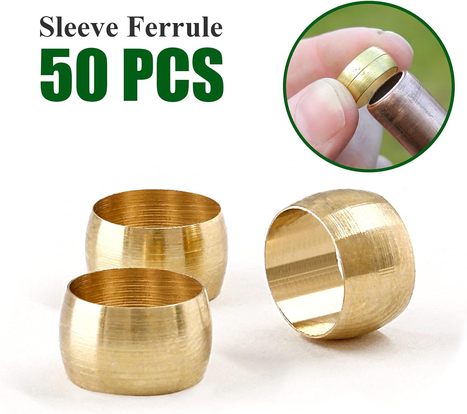Biaungdo 50 Pcs Brass Compression Fitting, 1/4" Tube OD Compression Sleeves Ferrules Brass Compression Tube V1259-DP01-D-14