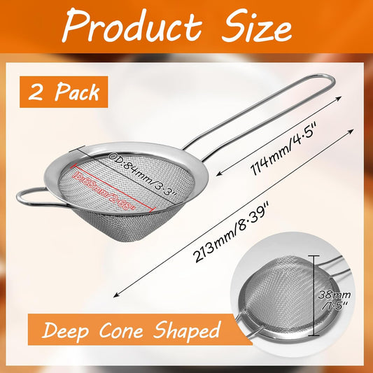 Biaungdo 2 Pcs 8.5 cm/3.3 Inch Fine Mesh Strainer, Stainless Steel Tea Strainer Conical Mesh Strainers Sieve V1259-DP01-D-30