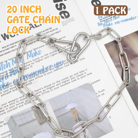 Biaungdo 20 Inch Gate Chain Lock, Chain Link Lock Fence Gate Latch with Carabiner, Stainless Steel Chain Link V1259-DP01-D-54