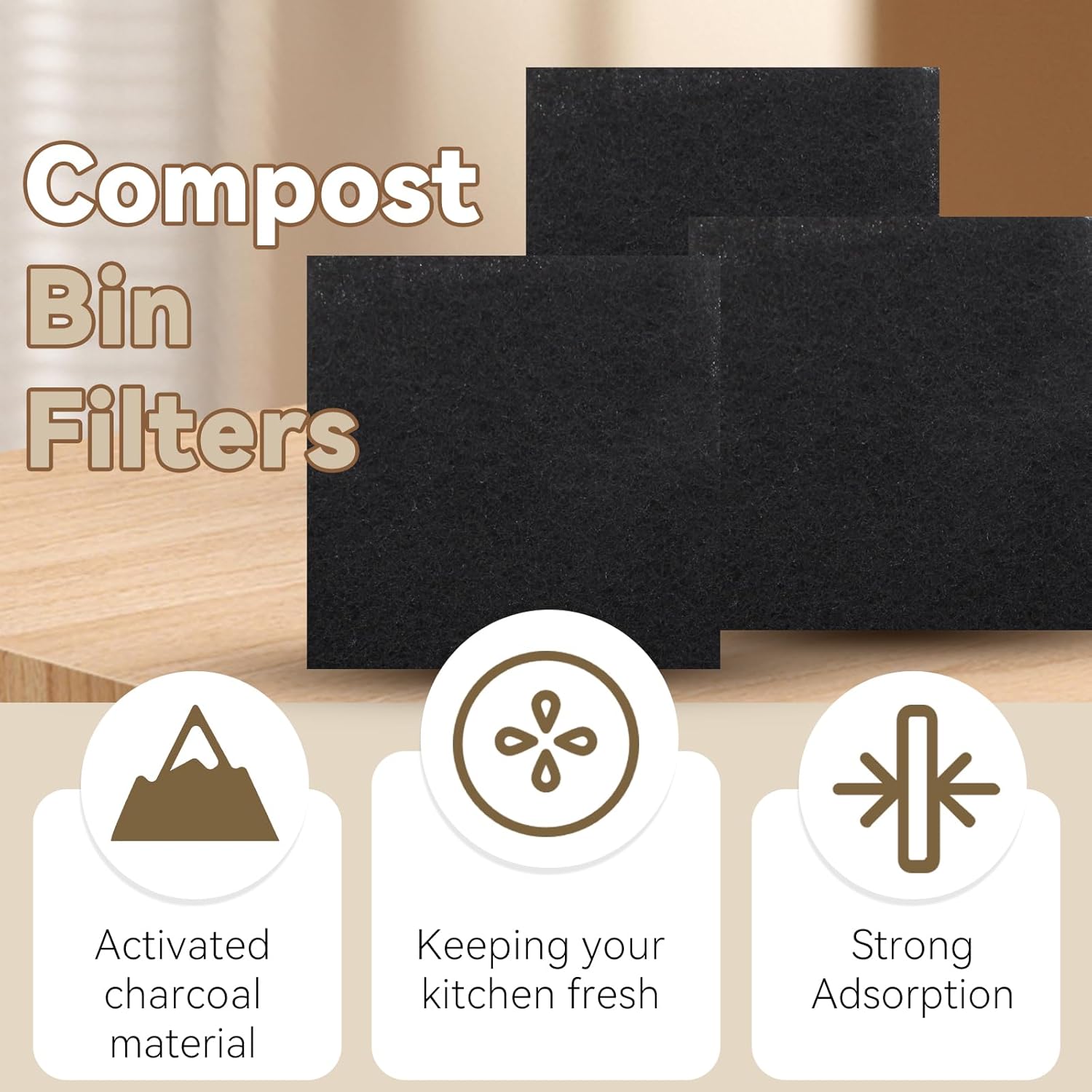 Biaungdo 6 Pack 5 Inch Sqaure Charcoal Filter Replacements, Black Kitchen Compost Bin Filters for Countertop V1259-DP01-D-93