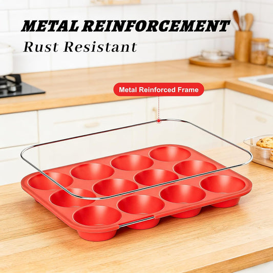 2Pack Silicone Muffin Pans with Metal Reinforced Frame,12 Cup Regular Size Silicone Cupcake Pan,Muffin V1259-DP01-E-109