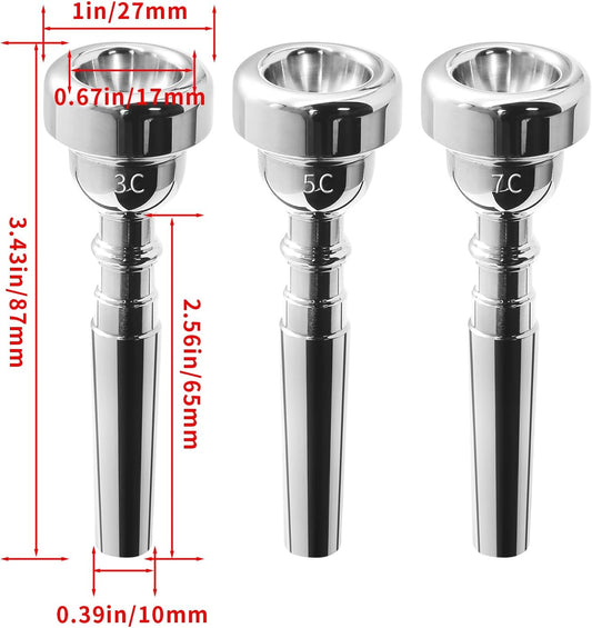 Biaungdo Trumpet Mouthpiece 7C 5C 3C, 3 Pcs Brass Material Silver Plated Trumpet Mouthpiece Set for V1259-DP01-E-11