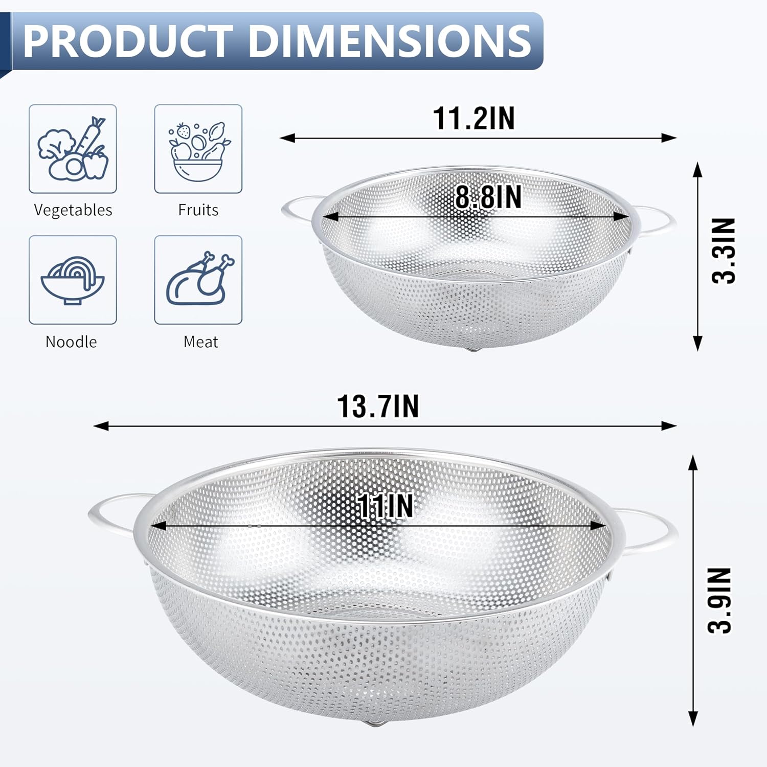Colander Stainless Steel 3-Quart, Metal Strainer with Base, Strainer for Kitchen Food, Dishwasher Safe V1259-DP01-E-117