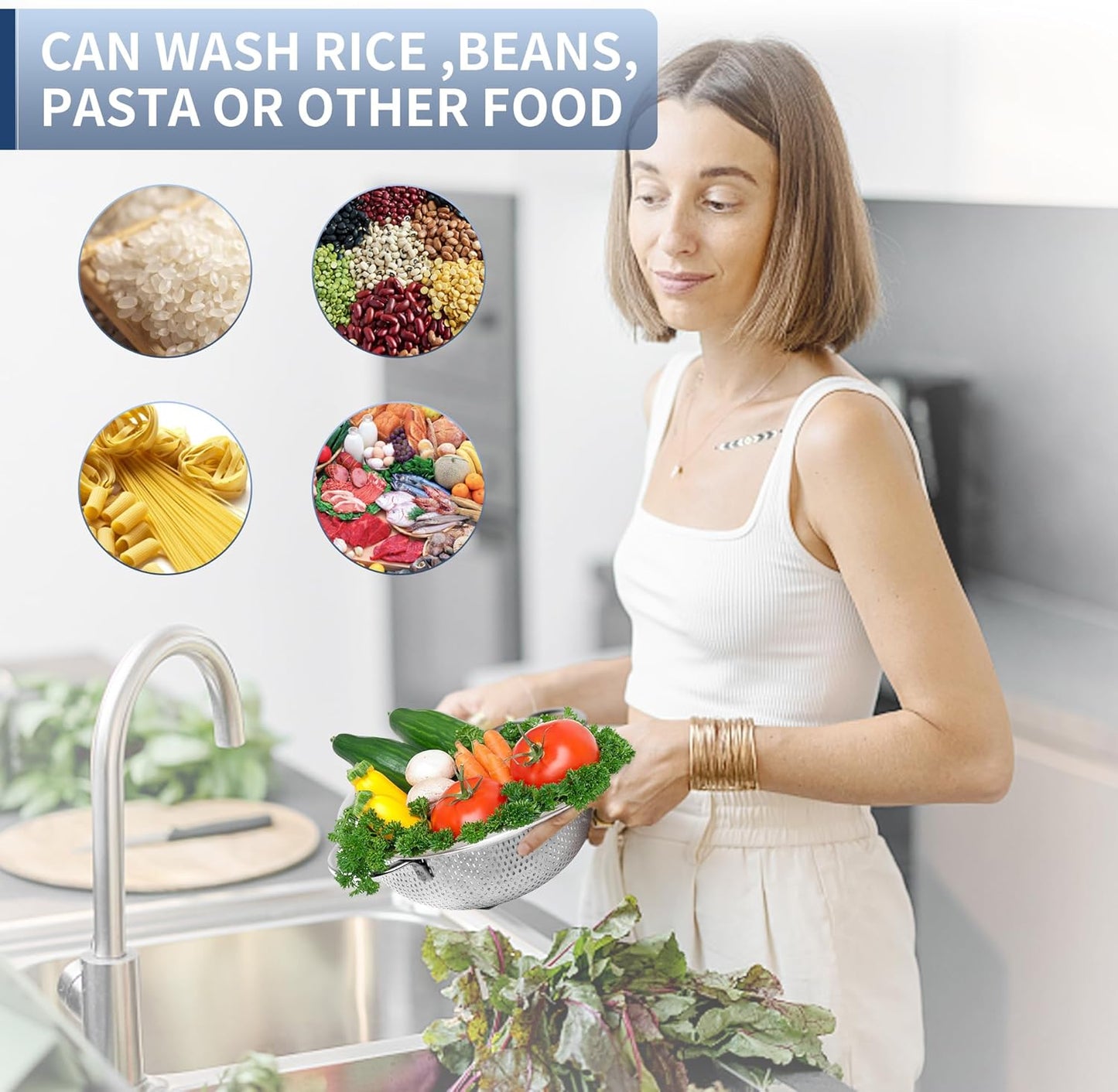 Colander Stainless Steel 3-Quart, Metal Strainer with Base, Strainer for Kitchen Food, Dishwasher Safe V1259-DP01-E-117