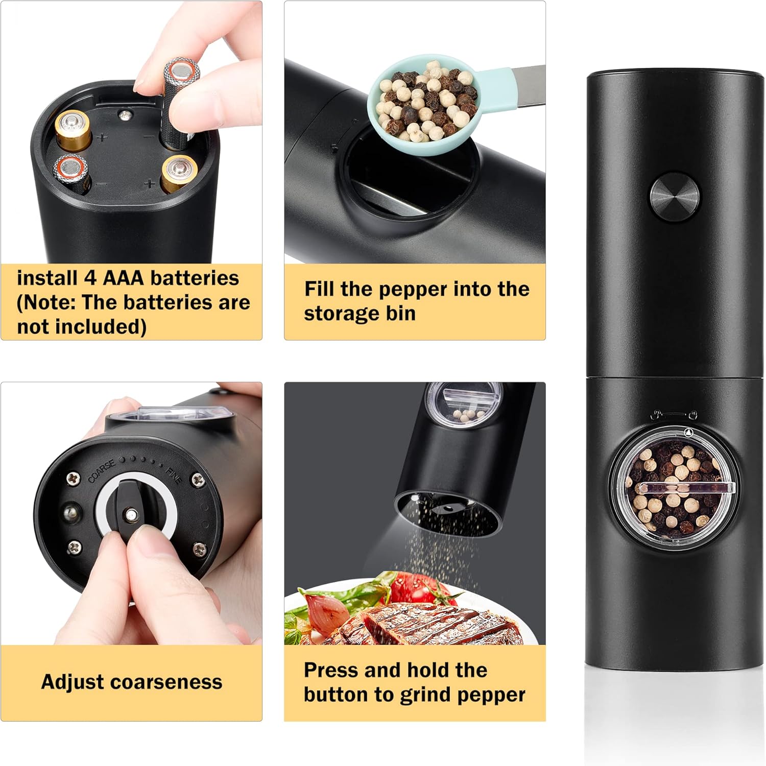 Electric Pepper Grinder or Salt Mill, Battery Powered Automatic Pepper Mill, Ceramic Grinder with Adjustable V1259-DP01-E-120