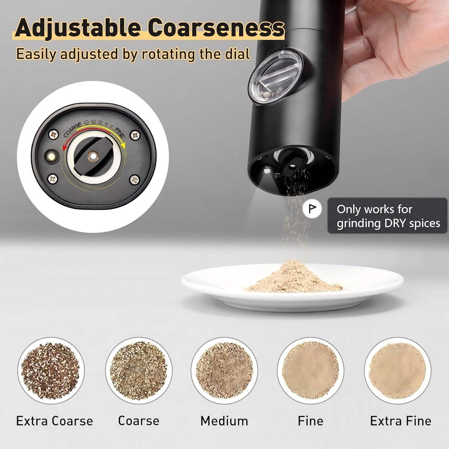 Electric Pepper Grinder or Salt Mill, Battery Powered Automatic Pepper Mill, Ceramic Grinder with Adjustable V1259-DP01-E-120