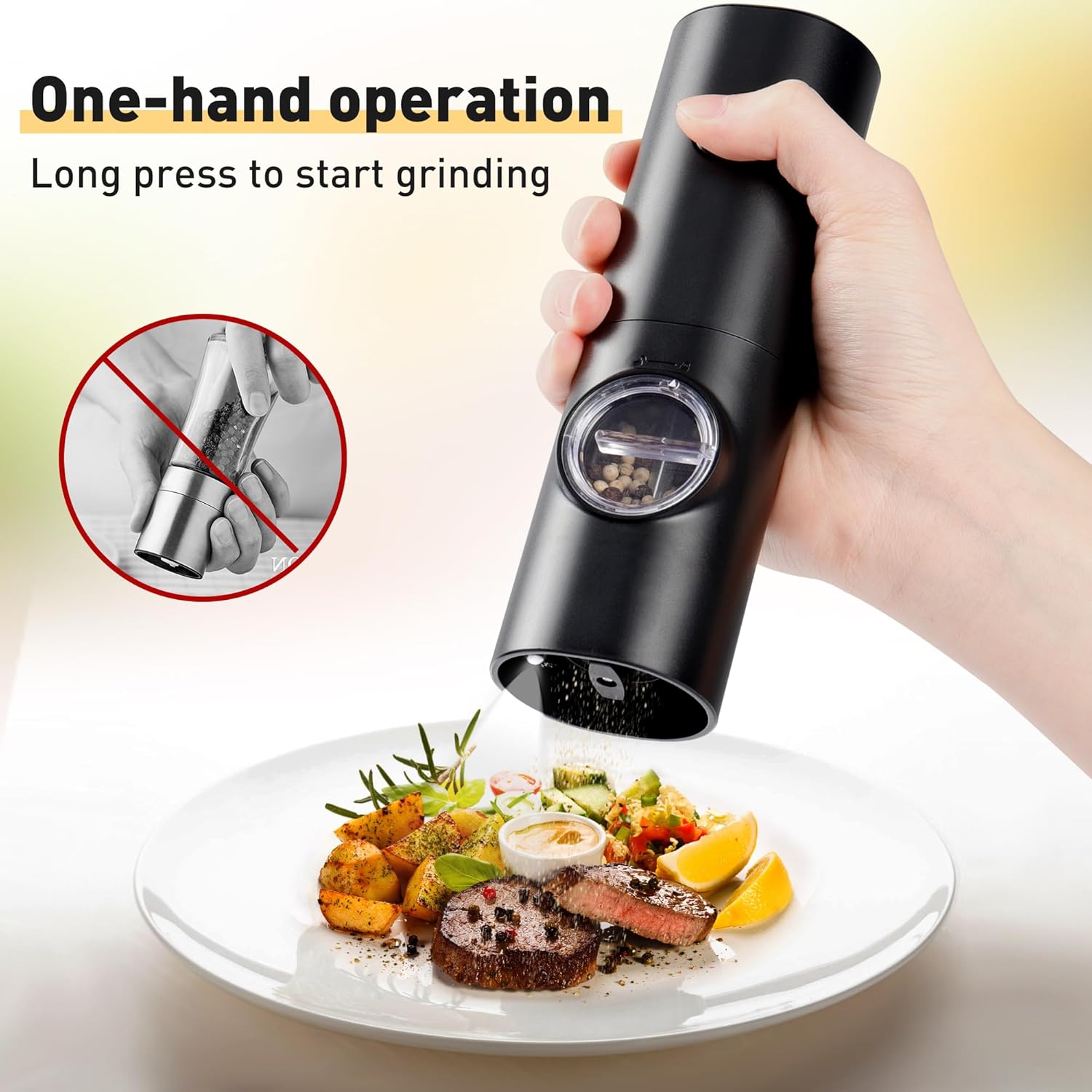 Electric Pepper Grinder or Salt Mill, Battery Powered Automatic Pepper Mill, Ceramic Grinder with Adjustable V1259-DP01-E-120