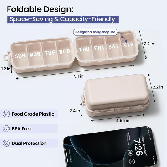 NEW Foldable Weekly Pill Organizer with Extra Grid, Portable 7 Day Pill Box Once / 1 Time a Day, Week Daily V1259-DP01-E-126