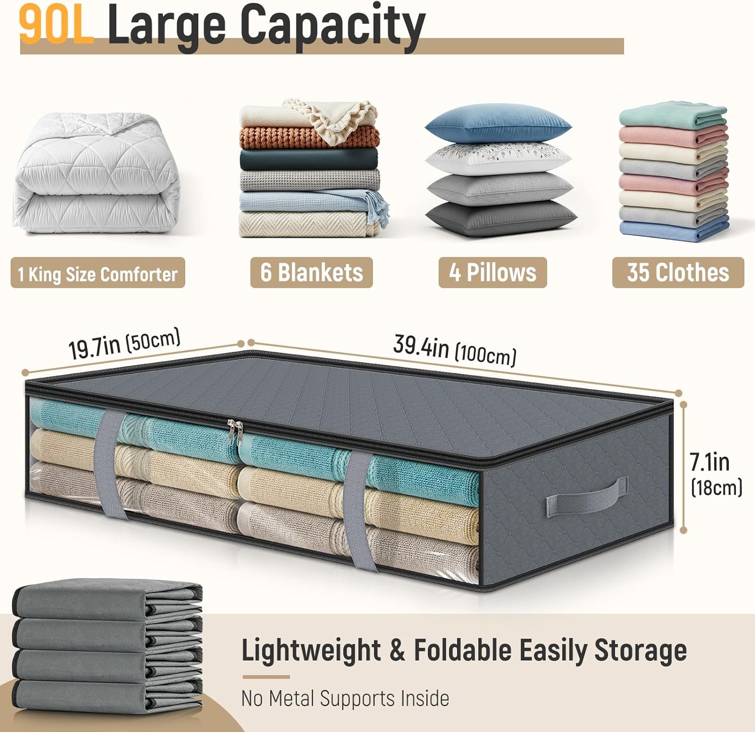 LANDNEOO 4 Pack 90L Under Bed Storage Containers - Underbed Storage for Clothes, Blankets - Closet Organizers V1259-DP01-E-129