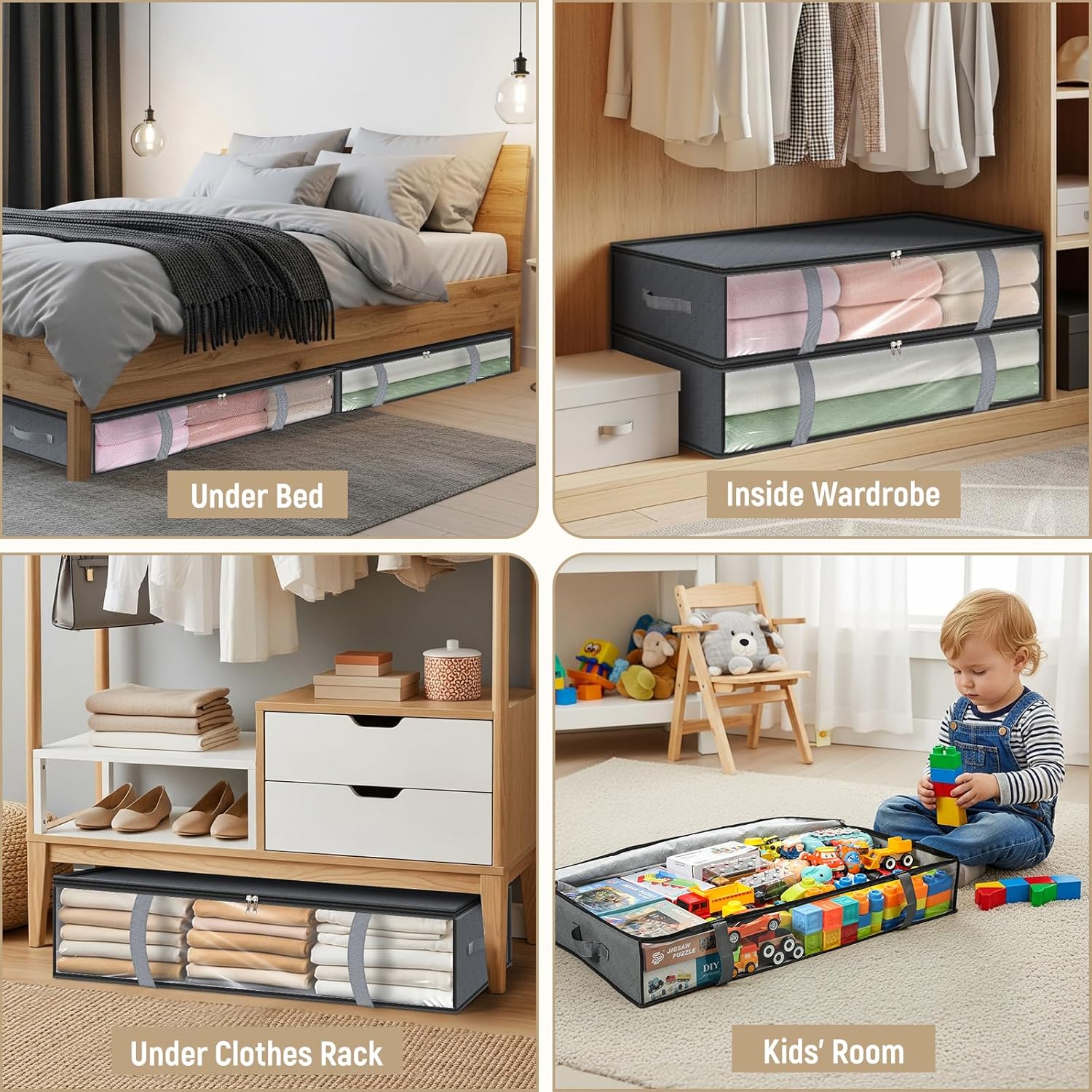 LANDNEOO 4 Pack 90L Under Bed Storage Containers - Underbed Storage for Clothes, Blankets - Closet Organizers V1259-DP01-E-129