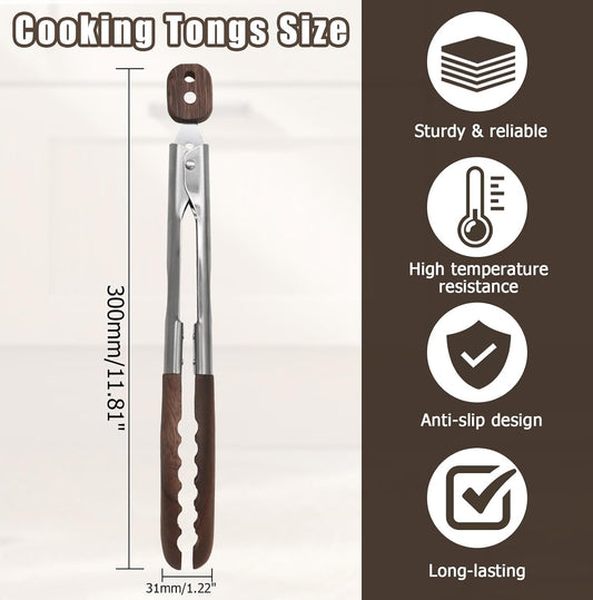 Biaungdo Wooden Tongs for Cooking, 9 Inch Walnut Wooden kitchen Tongs, Stainless Steel Salad Tong with Wood V1259-DP01-E-13