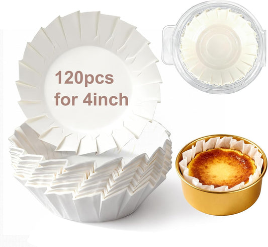 YQL 120PCS 4 Inch Disposable Basque Cake Paper Liners, Non-Stick Parchment Wrappers for Cheesecake, Muffin, V1259-DP01-E-137