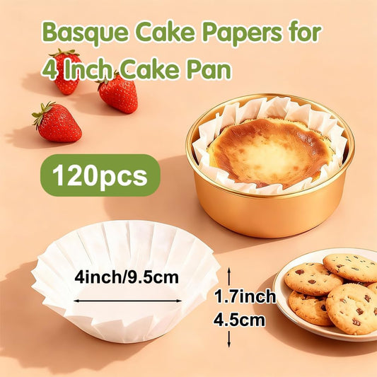 YQL 120PCS 4 Inch Disposable Basque Cake Paper Liners, Non-Stick Parchment Wrappers for Cheesecake, Muffin, V1259-DP01-E-137