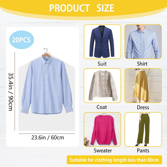 20Pcs Plastic Garment Bags for Hanging Clothes, 35 Inch Clear Dry Cleaner Bags Dustproof Suit Cover Clothes V1259-DP01-E-143
