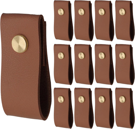 Biaungdo 12 Pack Leather Drawer Pulls, Brown Single Hole Leather Dresser Knobs Leather Pulls Cabinet Door V1259-DP01-E-18