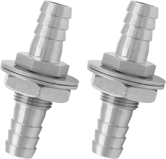 Biaungdo 2 Pcs 3/8" Hose Barb, 304 Stainless Steel Hose Barb Fitting Thru-Bulk Head Straight Hex Union V1259-DP01-E-19