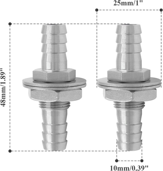 Biaungdo 2 Pcs 3/8" Hose Barb, 304 Stainless Steel Hose Barb Fitting Thru-Bulk Head Straight Hex Union V1259-DP01-E-19