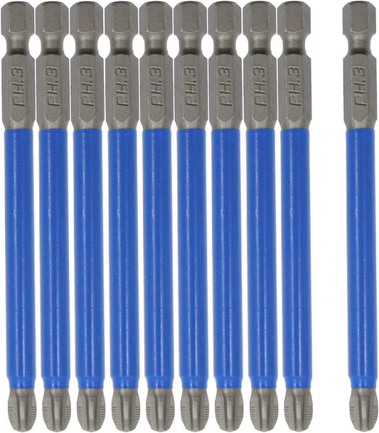 Biaungdo 10Pcs Magnetic PH3 Phillips Bits Set 3.5 inch Long Anti Slip #3 Bit (PH3 x 90MM) V1259-DP01-E-3