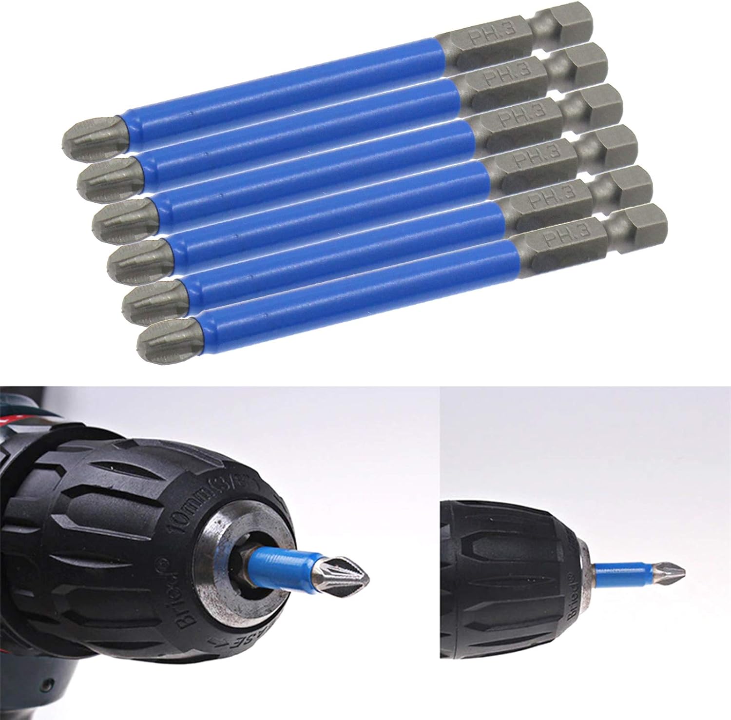 Biaungdo 10Pcs Magnetic PH3 Phillips Bits Set 3.5 inch Long Anti Slip #3 Bit (PH3 x 90MM) V1259-DP01-E-3