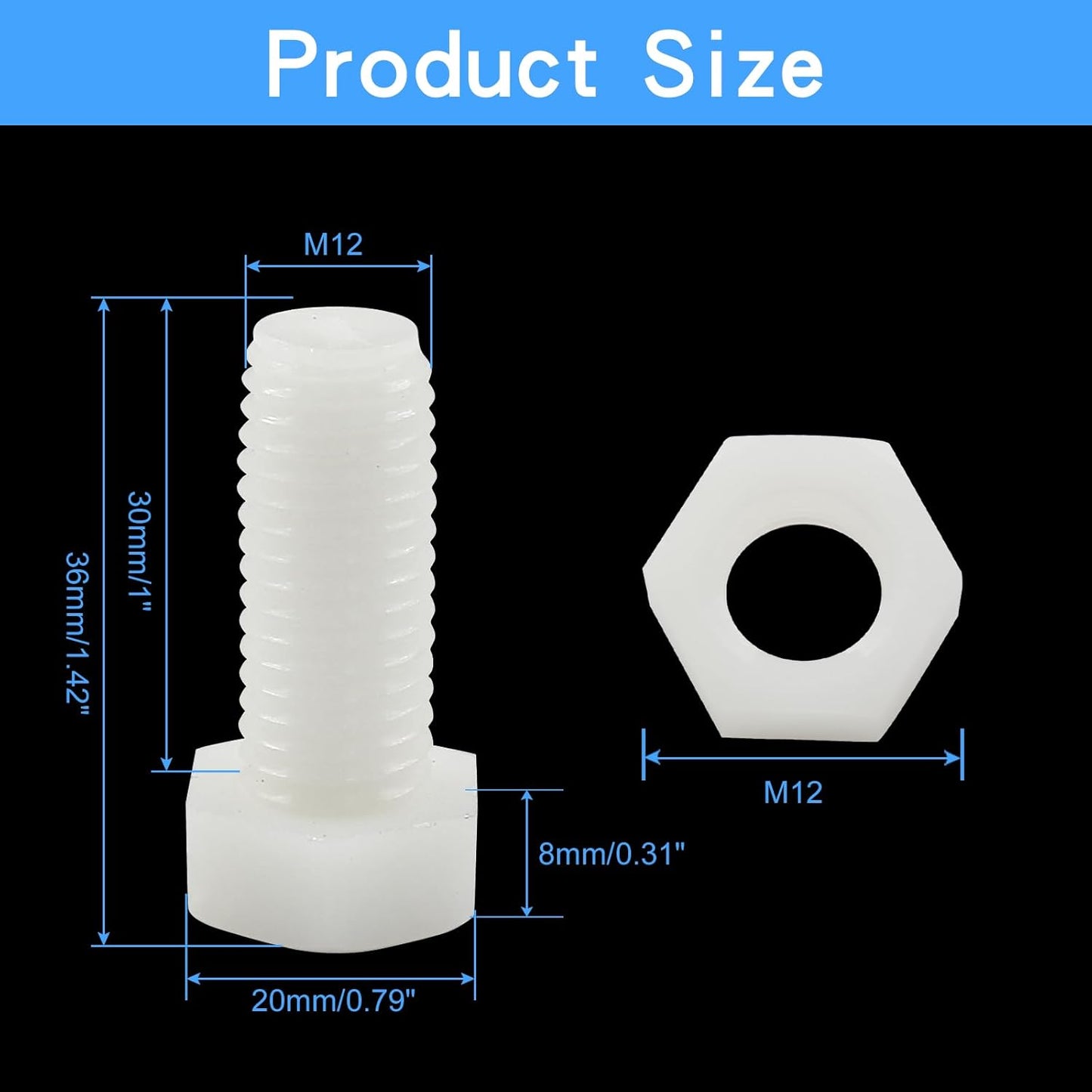 Biaungdo 20 Pair M12 x 30mm Nylon Hex Bolts, White Plastic Hex Bolts Full Thread Hex Head Screws and Nuts Set V1259-DP01-E-34