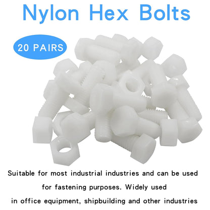 Biaungdo 20 Pair M12 x 30mm Nylon Hex Bolts, White Plastic Hex Bolts Full Thread Hex Head Screws and Nuts Set V1259-DP01-E-34