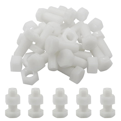 Biaungdo 20 Pair M12 x 30mm Nylon Hex Bolts, White Plastic Hex Bolts Full Thread Hex Head Screws and Nuts Set V1259-DP01-E-34