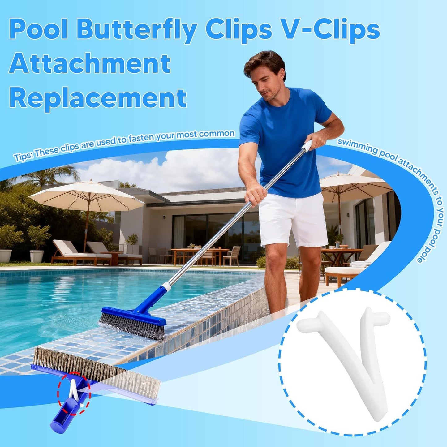 Pool Butterly Clips V-Clips Attachment Clips Replacement or Pool Spa Brush Lea Rake Lea Skimmer (24 Pack) V1259-DP01-E-378
