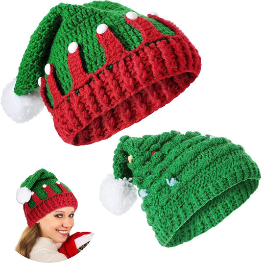 2 Pieces Unisex Christmas Knit Beanie Santa Hat Winter Warm Crochet Bearded Cap with ur Pom Pom Handmade V1259-DP01-E-439