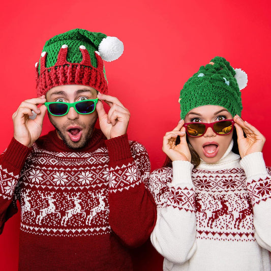 2 Pieces Unisex Christmas Knit Beanie Santa Hat Winter Warm Crochet Bearded Cap with ur Pom Pom Handmade V1259-DP01-E-439