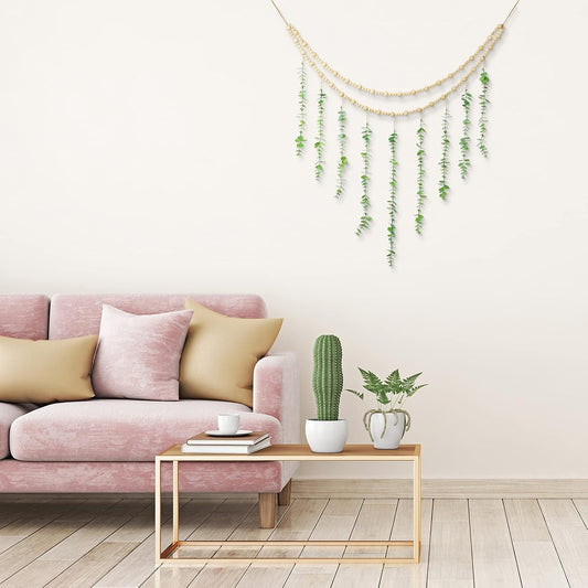 Hanging Eucalyptus Boho Wall Decor Large Boho Bedroom Wall Hanging Wooden Bead Garland Artiicial Eucalyptus V1259-DP01-E-453