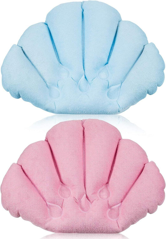 2 Pieces Inlatable Bath Pillow with Suction Cups, Terry Cloth Covered Bath Pillow Shell Shape Bathtub Spa V1259-DP01-E-456