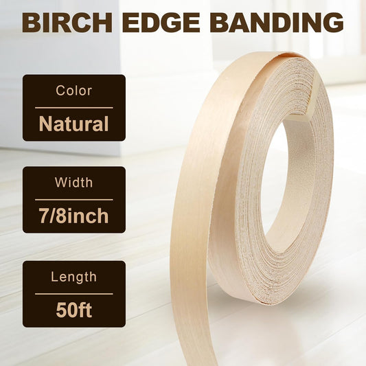 Biaungdo Birch Edge Banding 7/8 Inch x 50ft, Wood Veneer Roll Tape Banding Pre-Glued, Iron-on Veneer Edging V1259-DP01-E-47