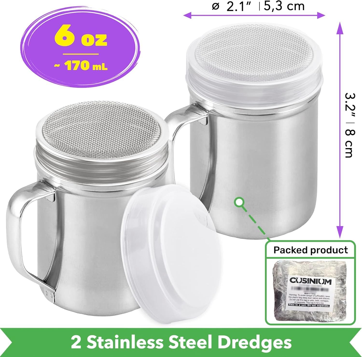 Powdered Sugar Shaker Duster - With Handle - Cinnamon Shaker or Coee Bar - ine Mesh Dredge - 6 ounce, pack o V1259-DP01-E-483