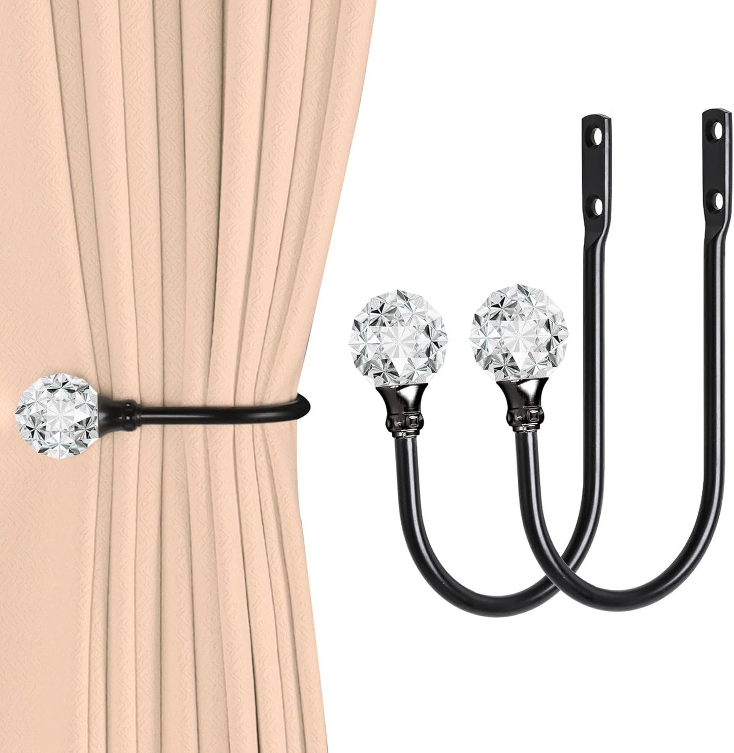 2 x Heavy Duty U Shaped Metal Curtain Holdbacks Curtain Tiebacks with Clear Crystal Ball Pull Backs Curtain V1259-DP01-E-487