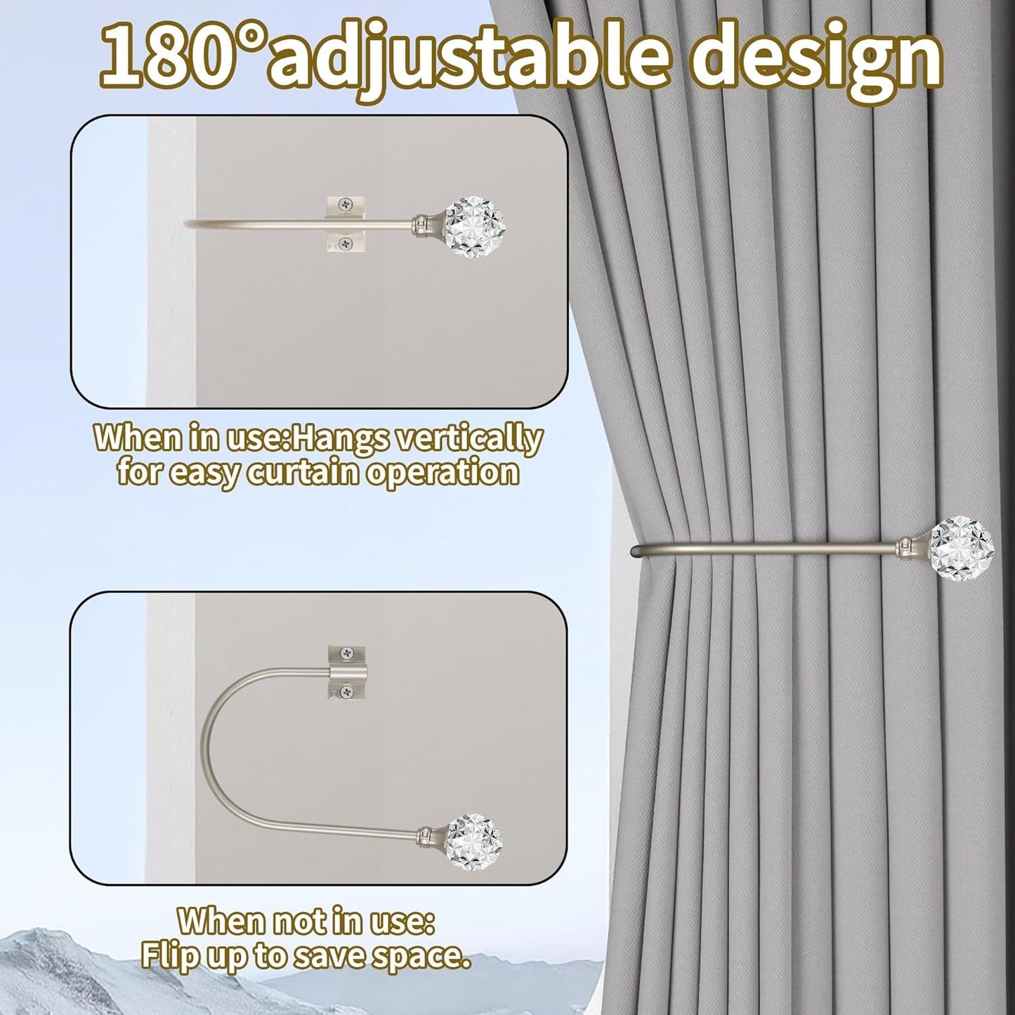 Upgraded Curtain Tiebacks Set o 2 - Wall Mounted Heavy Duty Adjustable Curtain Holdbacks or Heavy V1259-DP01-E-488