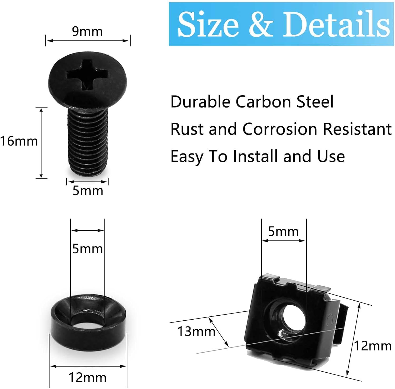 Biaungdo 30 Pcs M5 x 16mm Rack Screws and Cage Nuts, Computer Rack Mount Cage Screws & Nuts & Washers for V1259-DP01-E-50