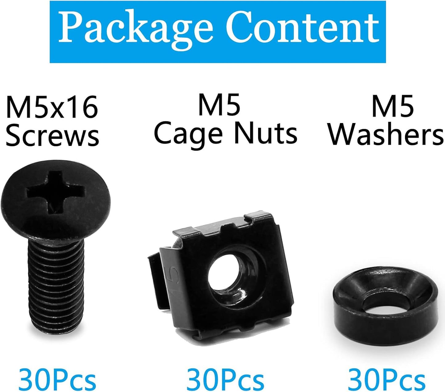 Biaungdo 30 Pcs M5 x 16mm Rack Screws and Cage Nuts, Computer Rack Mount Cage Screws & Nuts & Washers for V1259-DP01-E-50