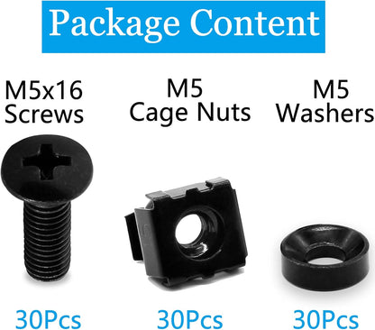 Biaungdo 30 Pcs M5 x 16mm Rack Screws and Cage Nuts, Computer Rack Mount Cage Screws & Nuts & Washers for V1259-DP01-E-50
