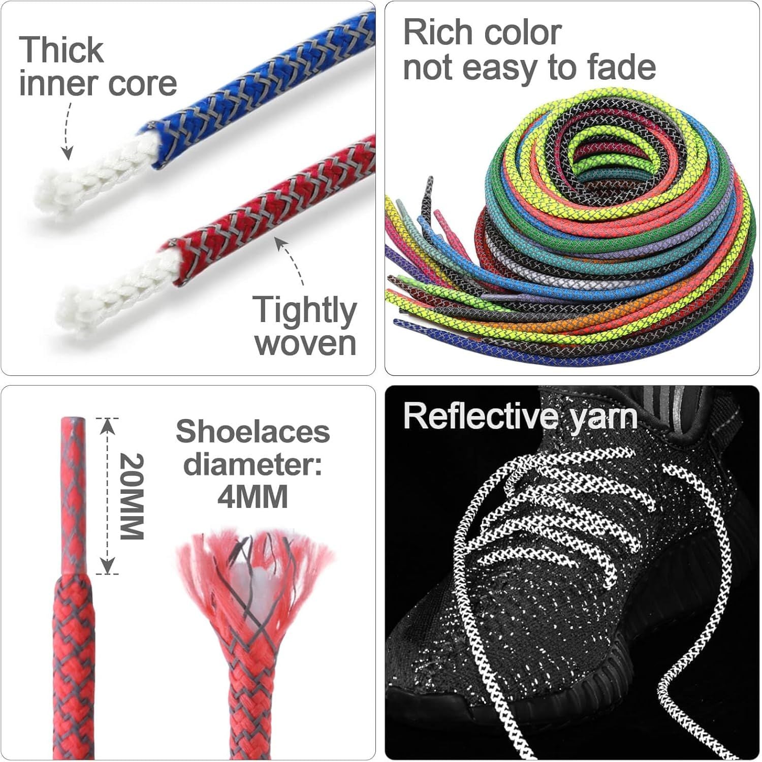 2 Pairs 4/25" Thick Round Relective Shoe Laces Saety Highlight Rope V1259-DP01-E-503