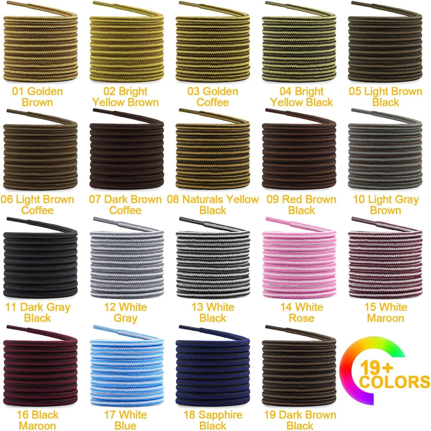 2 Pair Round Boot Laces Outdoor Hiking Walking Shoelaces Dual Coloured Striped Shoe Lace Work Shoe Strings V1259-DP01-E-507