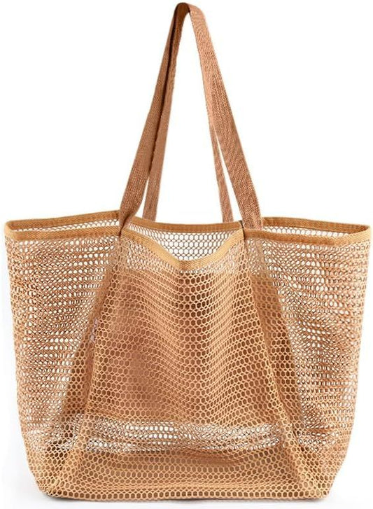 Beach Bags or Women, Summer Travel Mesh Tote Bag with Large Inner Pocket, Sandproo Woven Shoulder Handbag V1259-DP01-E-517