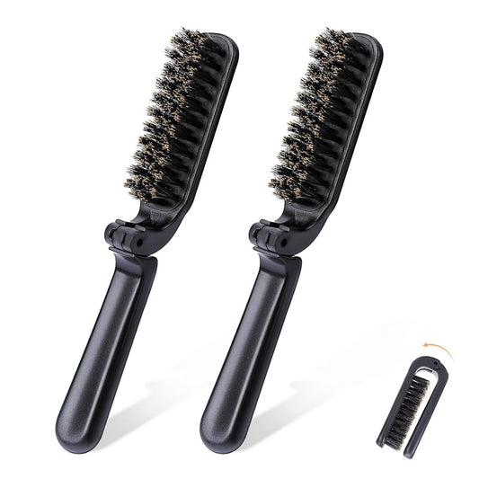 2Pcs Travel Hair Brush, Mini olding Hair Brush Collapsable Boar Bristles Hair Comb Pocket Beard Brush V1259-DP01-E-526
