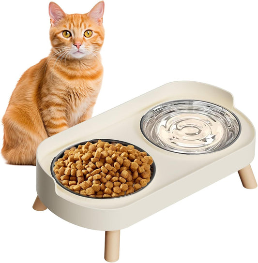 Elevated Cat Bowl, Raised Cat ood and Water Bowl Set or Indoor Cats, Splash Proo with 2 Stainless Steel Pet V1259-DP01-E-528