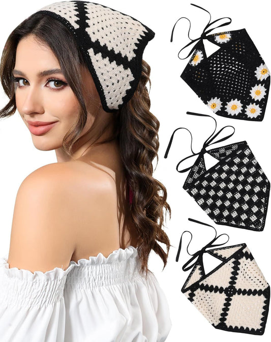 Crochet Head Scar Hair Bandanas Women Knit Bandana Headband Scar Tie-Back Head Coverings loral Headscar or V1259-DP01-E-534
